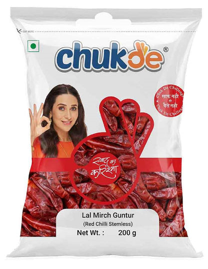 Chukde - Lal Mirch Sabut Guntur - Chilli Stemless Whole - Fresh Chilli Peppers, Perfect for Cooking and Flavoring - No Additives or Preservatives - Whole Spices - 200 Gm