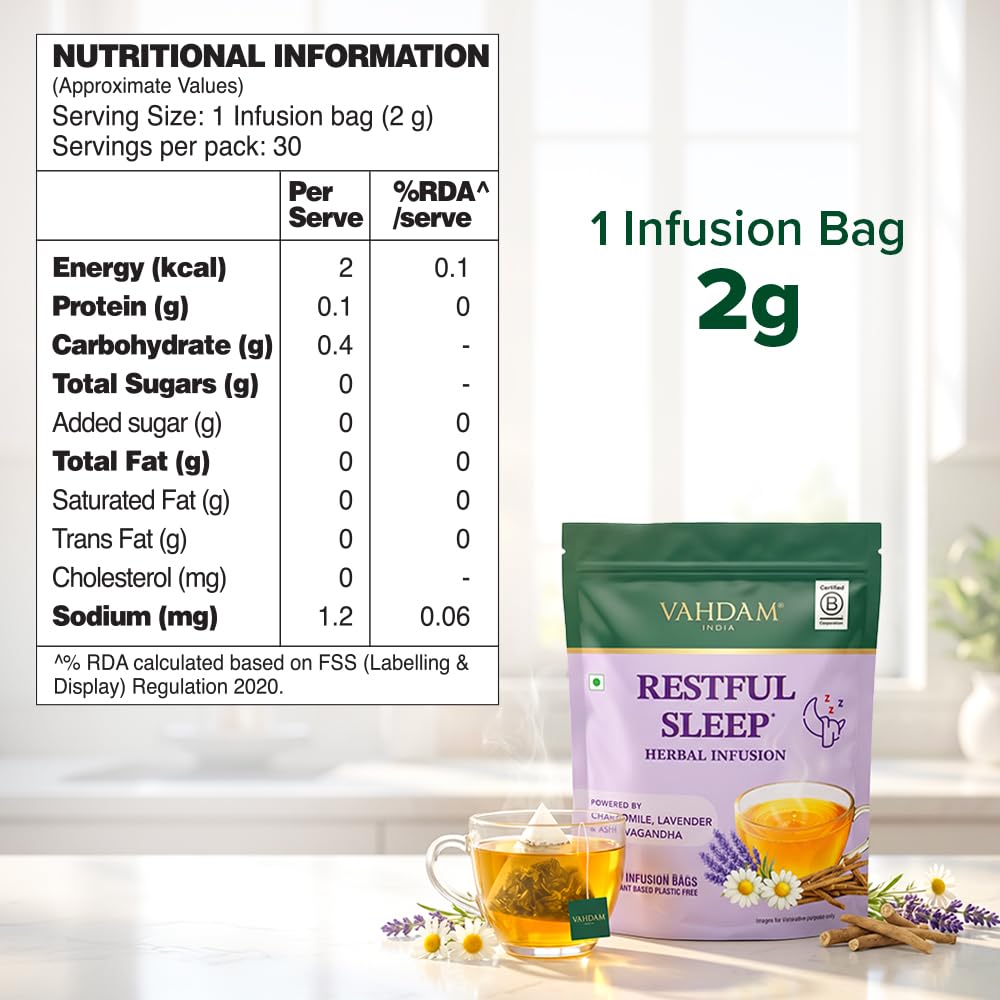 VAHDAM Restful Sleep Herbal Infusion | Promotes Deep Sleep & Helps with Insomnia, Snoring | Caffeine Free | 8-Herb Blend | 30 Tea Bags