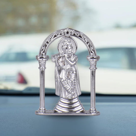 Sri Krishna with Bansuri Pose in Frame Idol for Car Dashboard – Silver Finish Murti Divine Krishna Ji Statue for Temple & Travel (S963-SLVR)