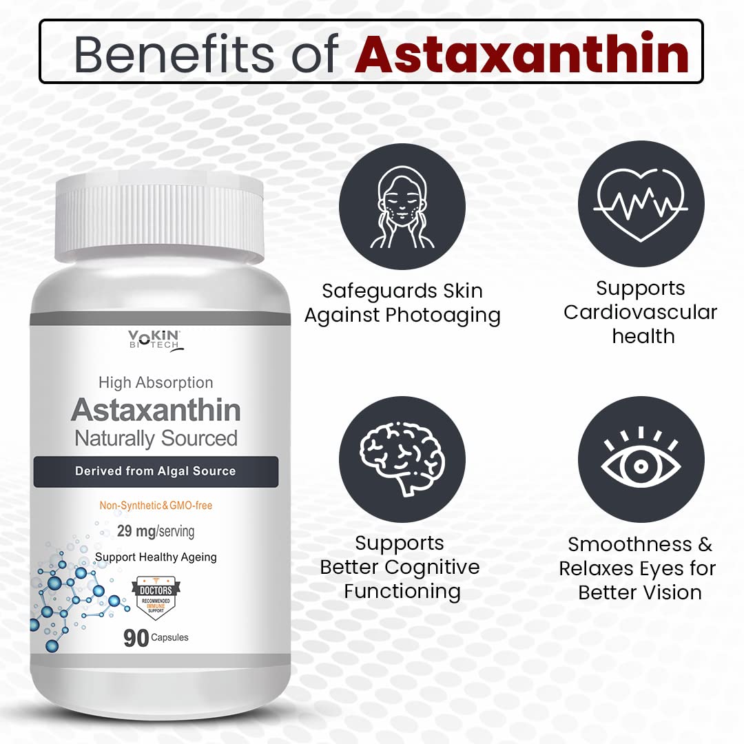 Yokin Astaxanthin supplement bottle with benefits listed on a white background