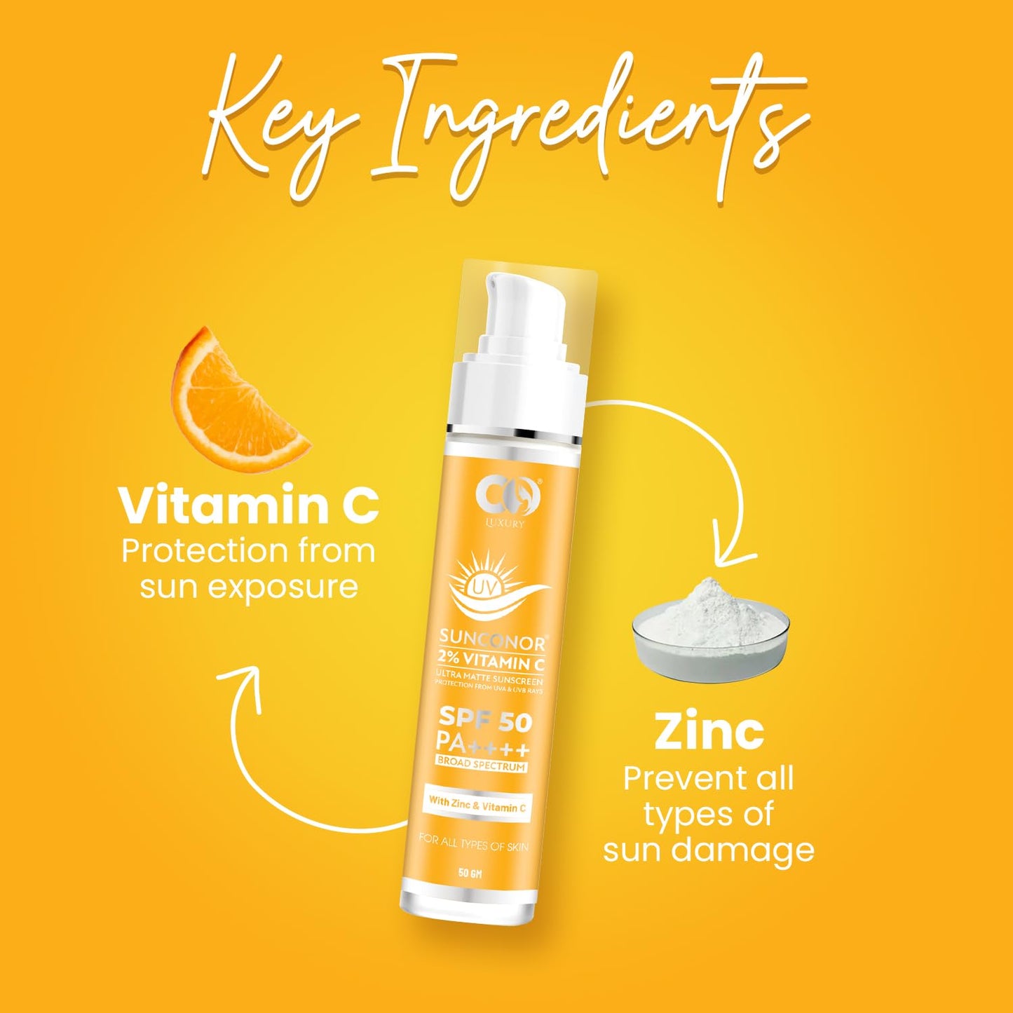 CO LUXURY 2% Vitamin C Sunscreen SPF 50 PA+++ | Water Resistant & Non-Greasy, Broad Spectrum Sunblock with Vitamin C, Zinc Oxide & Glycerine | Matte Finish, UVA/B Sun Protection for Women & Men | 50 gm