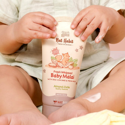 Nat Habit Baby Malai |Almond & Date| Baby Body Lotion & Moisturizer for Deep Nourishment & Skin Barrier Protection | 100% Natural, Chemical-Free Baby Cream | 120ml