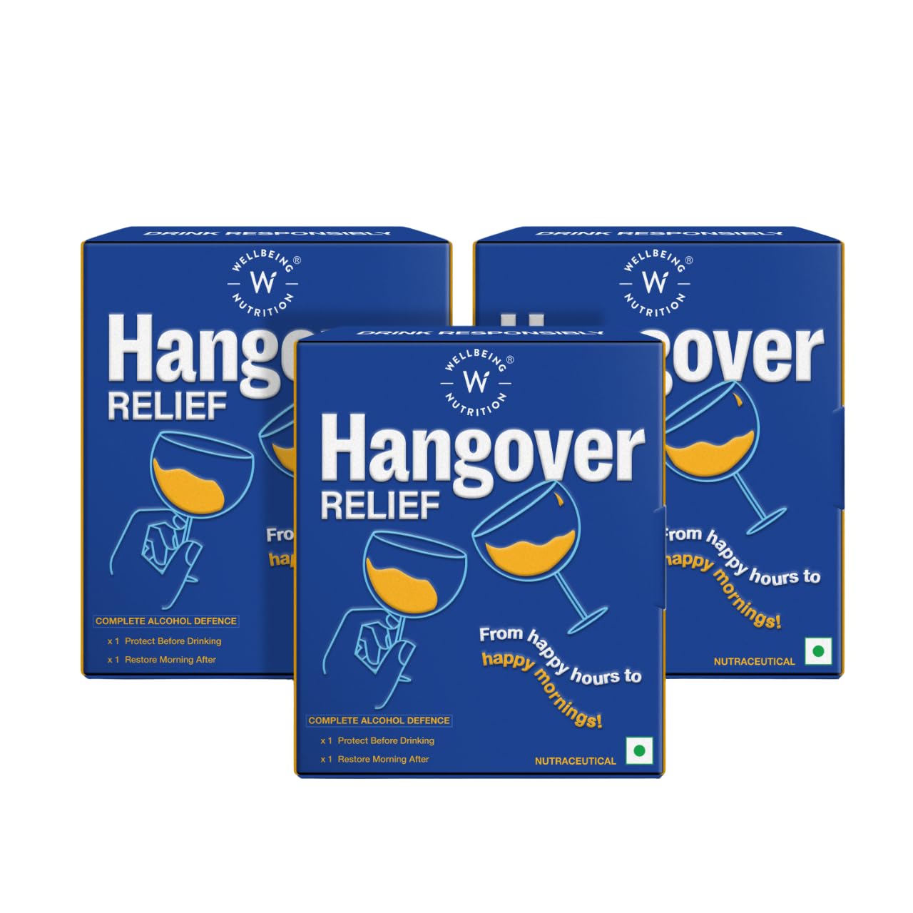 Three blue boxes of WELLBEING NUTRITION Hangover Relief product, with one box showing a person drinking from a wine glass and the others with text and graphics describing the product's benefits.