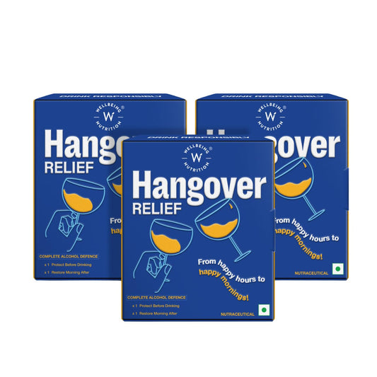 Three blue boxes of WELLBEING NUTRITION Hangover Relief product, with one box showing a person drinking from a wine glass and the others with text and graphics describing the product's benefits.