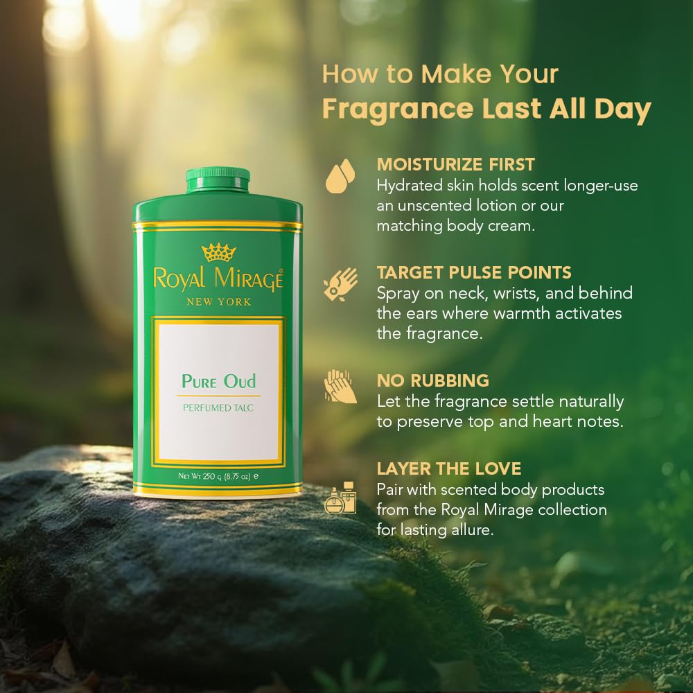 Royal Mirage Pure Oud Talc Powder | Long-Lasting Unisex Fragrance | Oud, Leather & Saffron Notes | Bold & Captivating Luxury Scent | Exotic & Sophisticated Skin Freshness | Gift for Men & Women | 250g