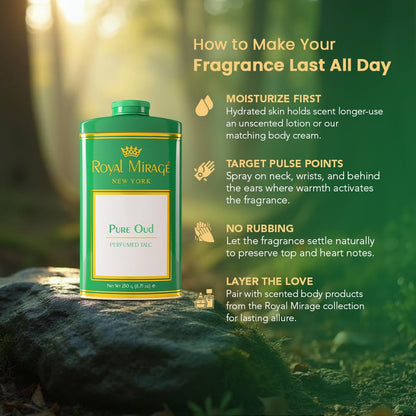 Royal Mirage Pure Oud Talc Powder | Long-Lasting Unisex Fragrance | Oud, Leather & Saffron Notes | Bold & Captivating Luxury Scent | Exotic & Sophisticated Skin Freshness | Gift for Men & Women | 250g