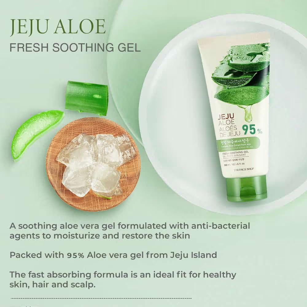 Jeju Aloe Fresh Soothing Gel with aloe vera leaves and ice cubes on a light green background