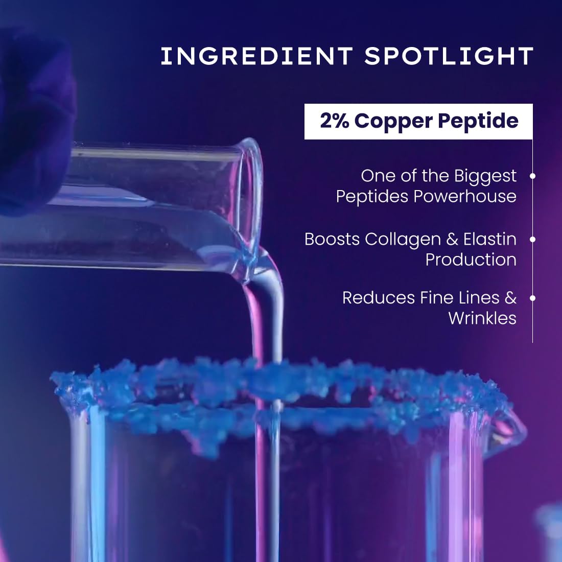 Test tube with blue liquid and text about 2% Copper Peptide on a dark background
