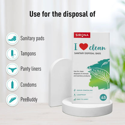 Sirona I Love Clean sanitary disposal bags packaging with usage information on a white background