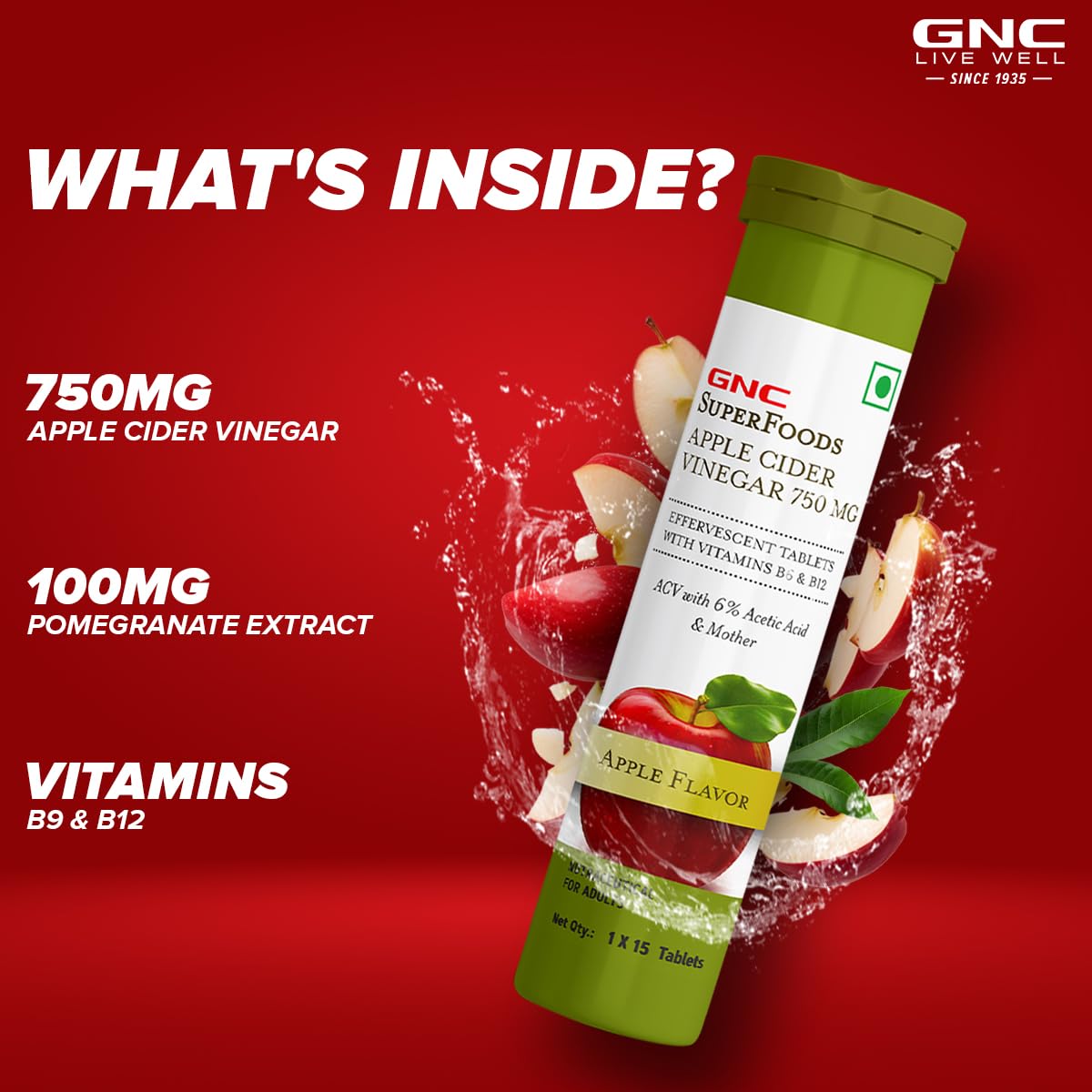 Zephivo GNC Apple Cider Vinegar Effervescent Tablets | 750mg ACV With The Mother | Supports Weight Loss | Healthy Gut & Digestion | With 6% Acetic Acid, Vitamin B6 & B12 | Apple Flavor - 15 Tablets