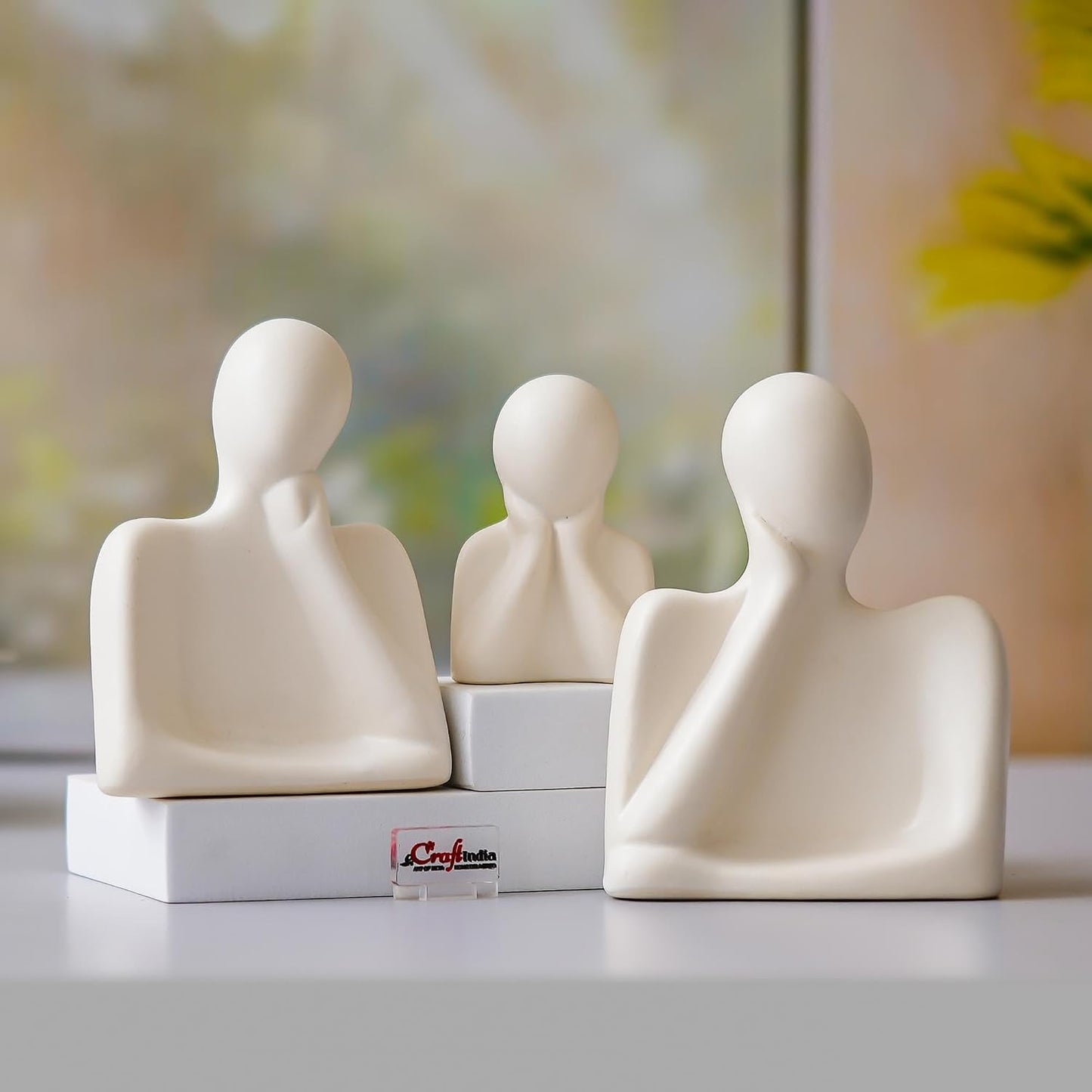 eCraftIndia Set of 3 White Ceramic Handcrafted Happy Family Statue Sculpture | Thinking Face People Figurines Home Decor Items Showpiece for Living Room Bedroom Table Shelf TV Unit | Gift for Birthday