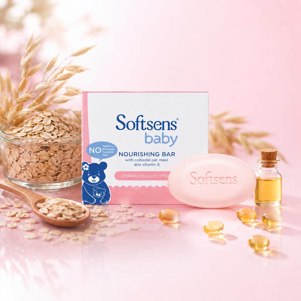Softsens Baby Nourishing Bar Soap 100g each x 3 (300g) | Deep Nourishing & Gentle Cleansing | With Colloidal Oatmeal & Vitamin E | Dermatologically Tested, Hypoallergenic & Free from Parabens, SLS & SLES