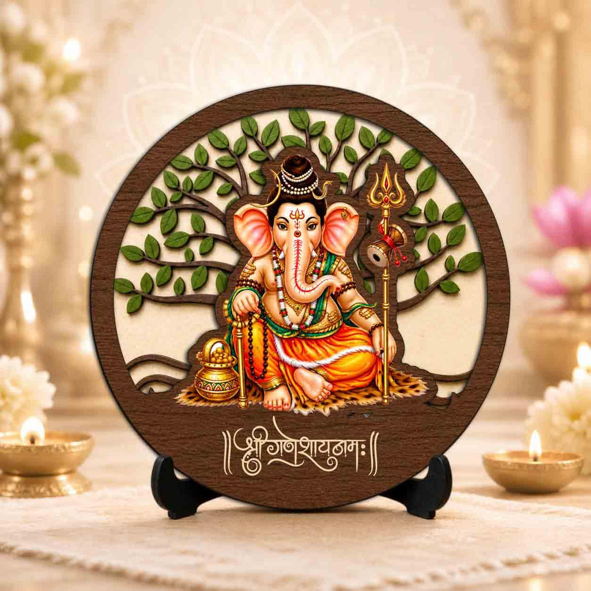Plan To Gift Siddhivinayak Ganesh Premium Wooden God Idol for Indoor Temple, Living Room Shelf, Work Desk & Puja Decor - 5x5 Inch