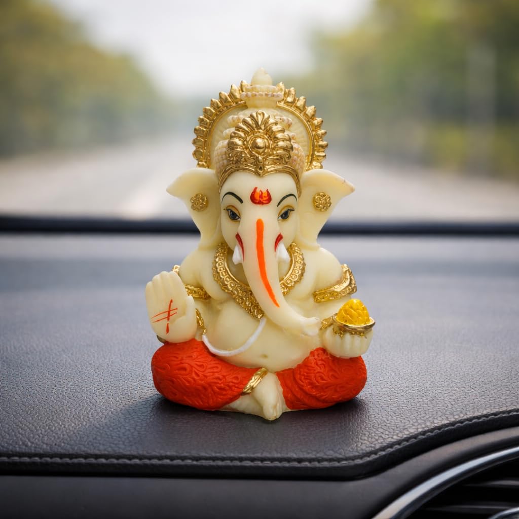 Gold Art India Resin Lord Ganesha Idol for Car Dashboard, Home, Office | Ganpati Statue for Mandir Decor | Handcrafted Ganesh Murti (Red & Ivory)