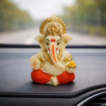 Gold Art India Resin Lord Ganesha Idol for Car Dashboard, Home, Office | Ganpati Statue for Mandir Decor | Handcrafted Ganesh Murti (Red & Ivory)