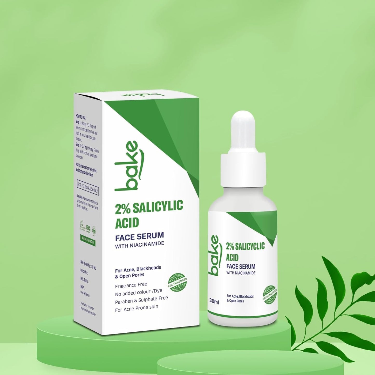 BAKE 2% Salicylic Acid Face Serum for Active Acne, Blackheads & Whiteheads with Niacinamide | Fades Acne Marks, Controls Sebum Production | For Women & Men | 30ml
