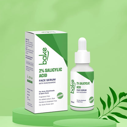 BAKE 2% Salicylic Acid Face Serum for Active Acne, Blackheads & Whiteheads with Niacinamide | Fades Acne Marks, Controls Sebum Production | For Women & Men | 30ml