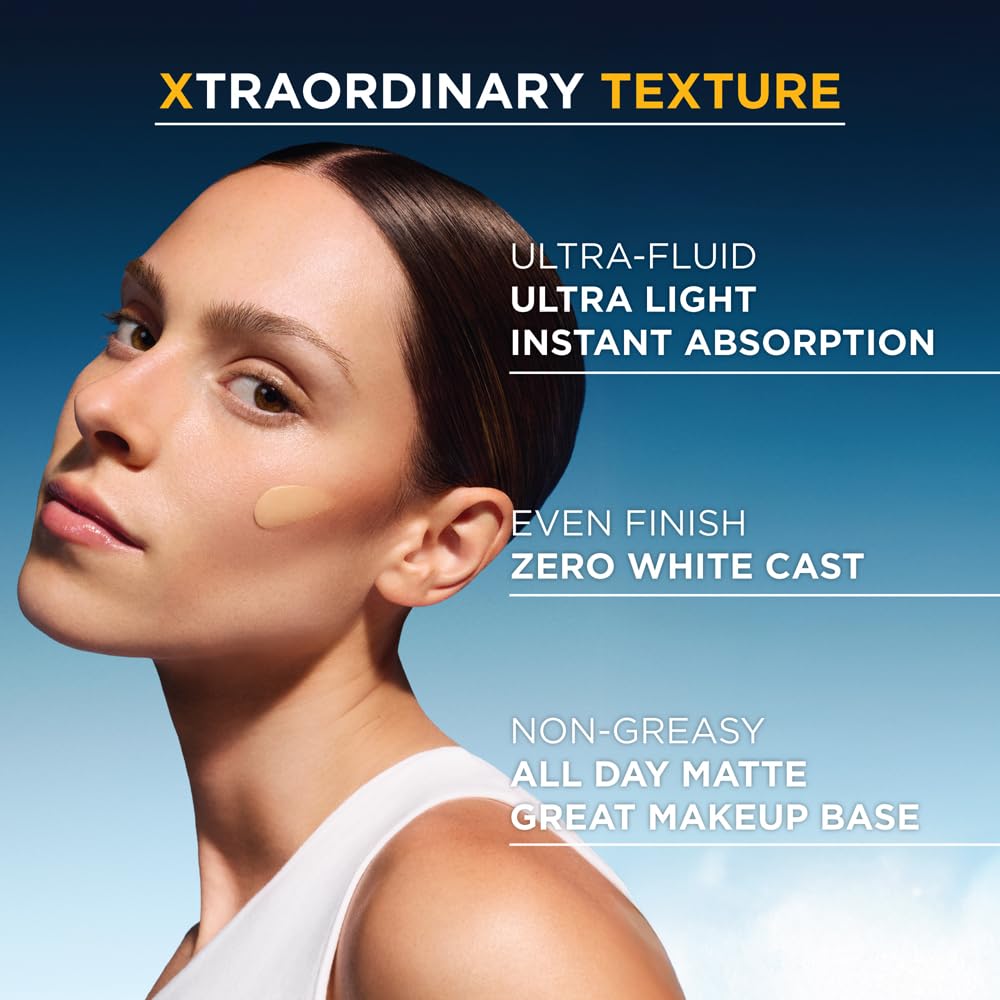 Advertisement for a makeup product with a woman's face and text highlighting features.