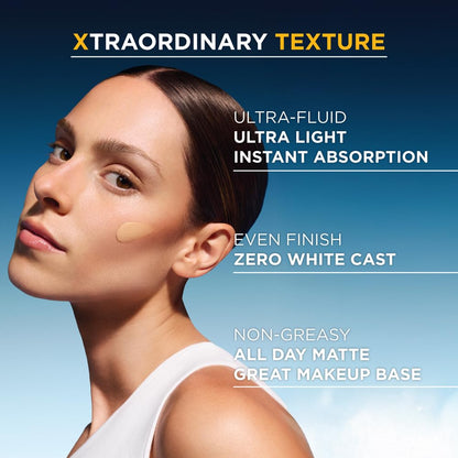 Advertisement for a makeup product with a woman's face and text highlighting features.