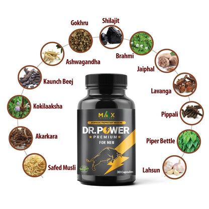 Max Ayurveda Dr Power Premium Capsules and King Power Massage Oil For Men (30 Capsules + 20ml Oil Bottle) Combo Pack