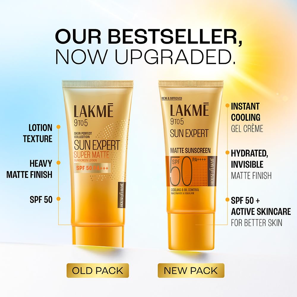 Lakme Sun Expert sunscreen comparison between old and new packaging on a gradient background.