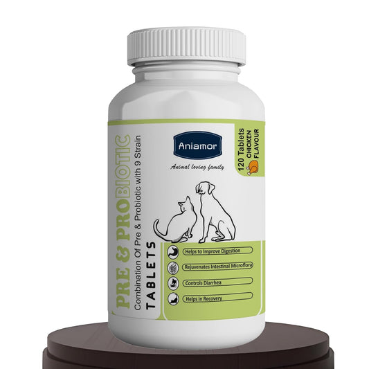 Aniamor Pre - Probiotic Tablets for Dogs and Cats | Probiotics for Dogs | Dog Gut Health Supplement |Helps in Proper Digestion | Dog Supplements | Chicken Flavour | for All Life Stages | 60 Tablets