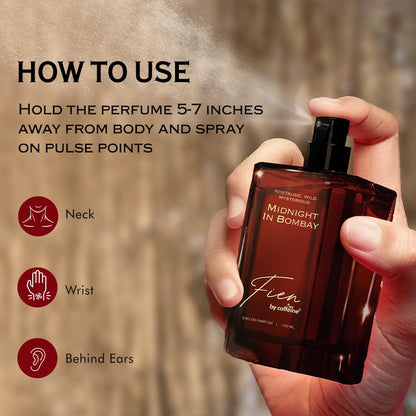 Perfume bottle with usage instructions and application points on a blurred background
