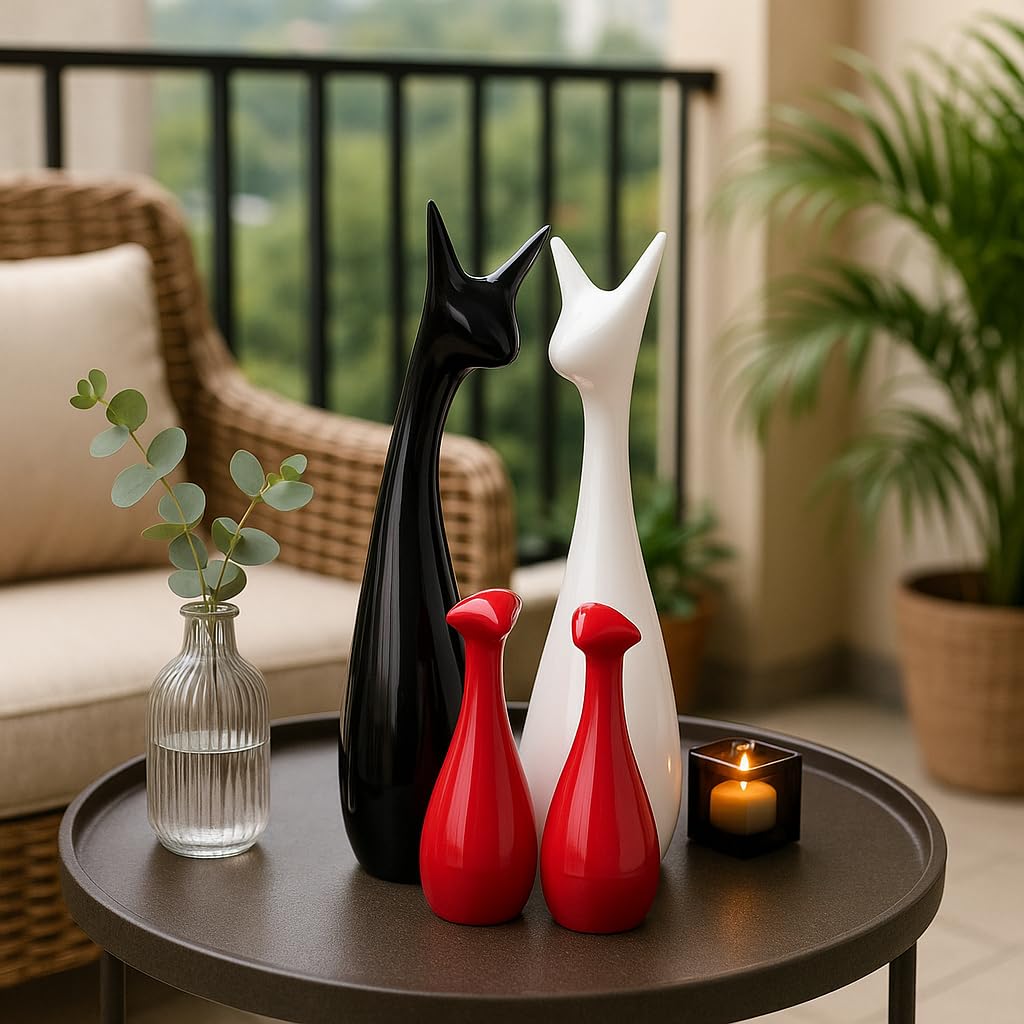Home Decor Lucky Deer Family Statue Piano Finish Ceramic Figures - (Set of 4, Red Black, White)