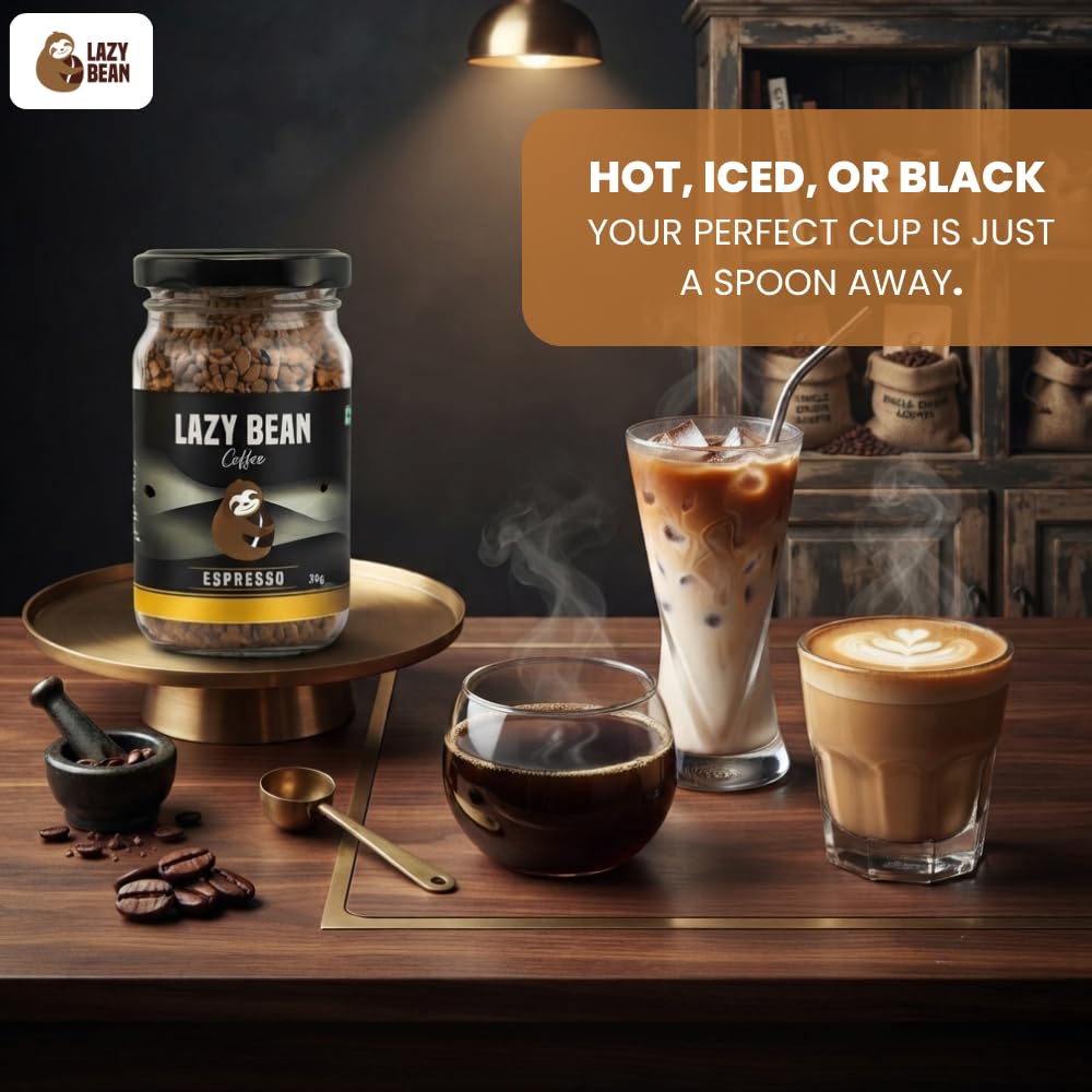 Lazy Bean Espresso Instant Coffee | 100% Arabica Coffee | Medium Roast | Rich & Bold Espresso Style Flavour | Premium Instant Coffee Powder | Strong Aroma | Smooth Full-Bodied Café Style Coffee | 50g