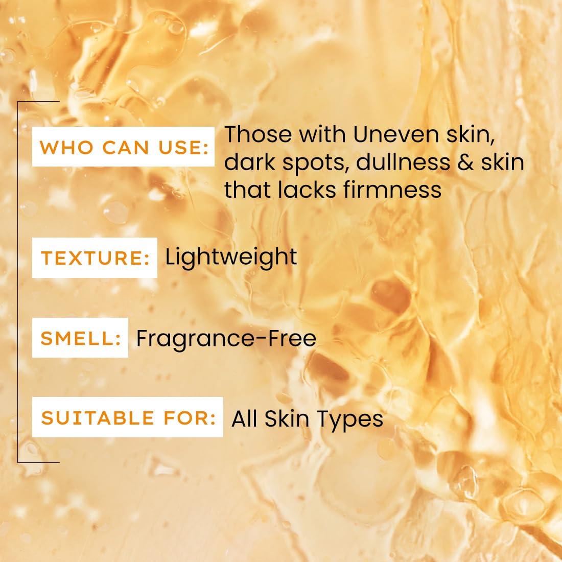 Product description overlay on a textured skin background