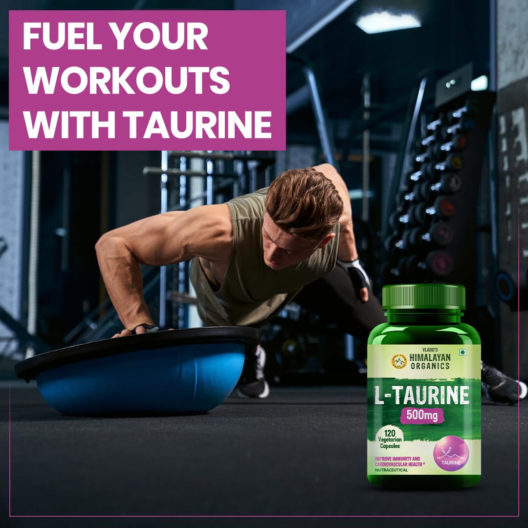 Vlado's Himalayan Organics L-Taurine 500mg | Amino Acid Supplement for Athletic Performance | Support Muscle Recovery | Improve Performance | Promotes Vision & Nerve Health - 120 Veg Capsules