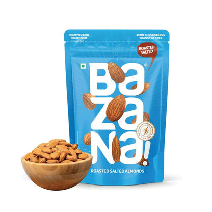Bazana Premium Roasted Salted Almonds/Badam, 190g | Perfectly Roasted Savory Nuts | Crunchy, Protein-Rich Healthy Snacks