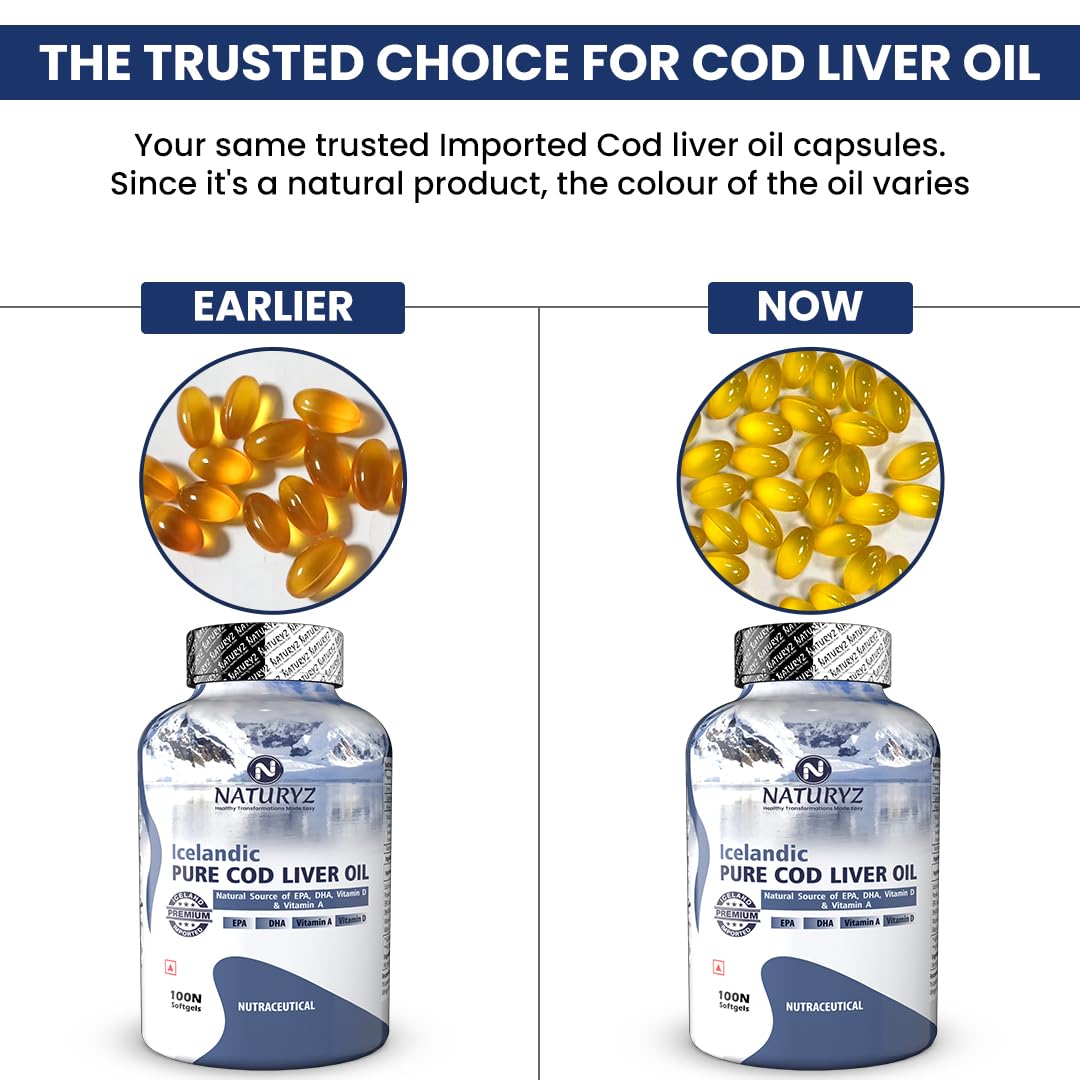 Comparison of Nativyz Icelandic Pure Cod Liver Oil bottles with earlier and now color variations.