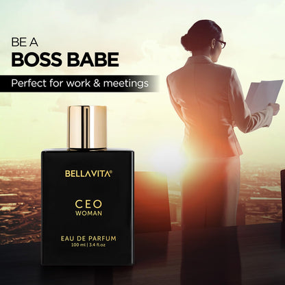 Bellavita CEO Woman perfume bottle with a woman in a suit looking at a cityscape.