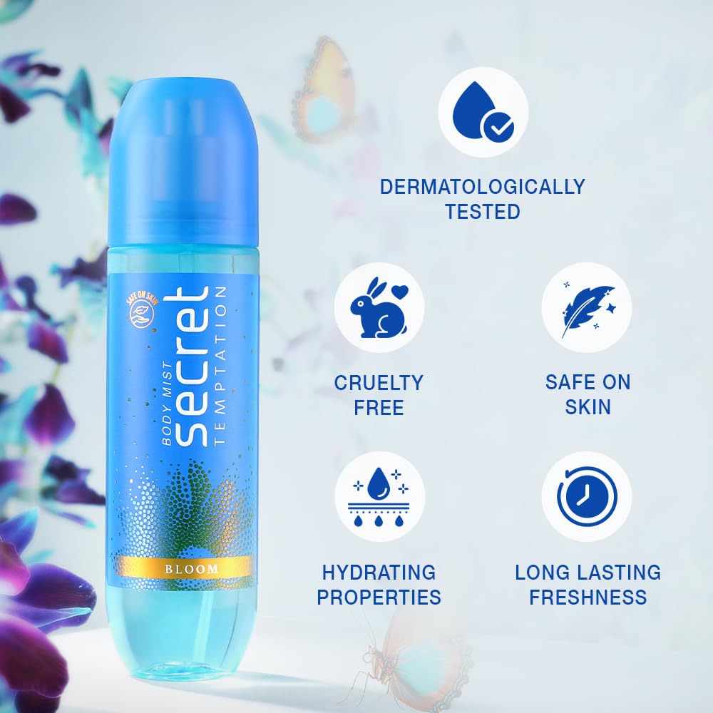 Secret body mist bottle with features on a light blue background