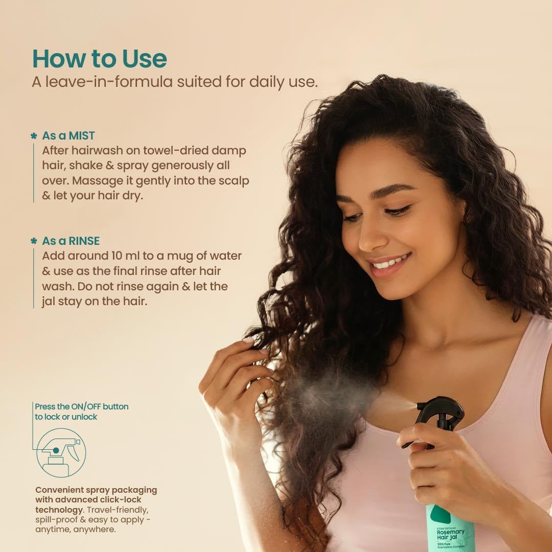 Woman using a hair care product with text on how to use it