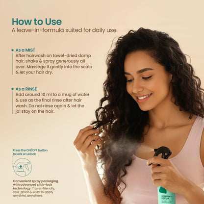 Woman using a hair care product with text on how to use it