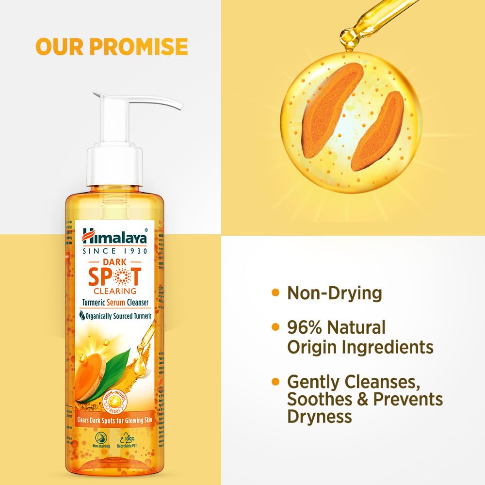 Himalaya Dark Spot Clearing Turmeric Serum Cleanser bottle with product details on a yellow and white background