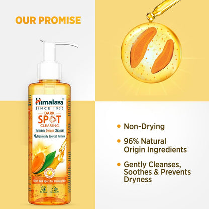 Himalaya Dark Spot Clearing Turmeric Serum Cleanser bottle with product details on a yellow and white background