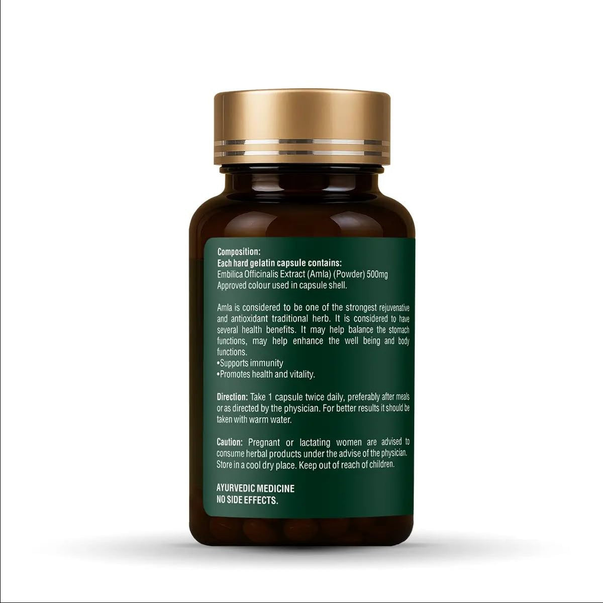 Brown supplement bottle with gold cap on a white background