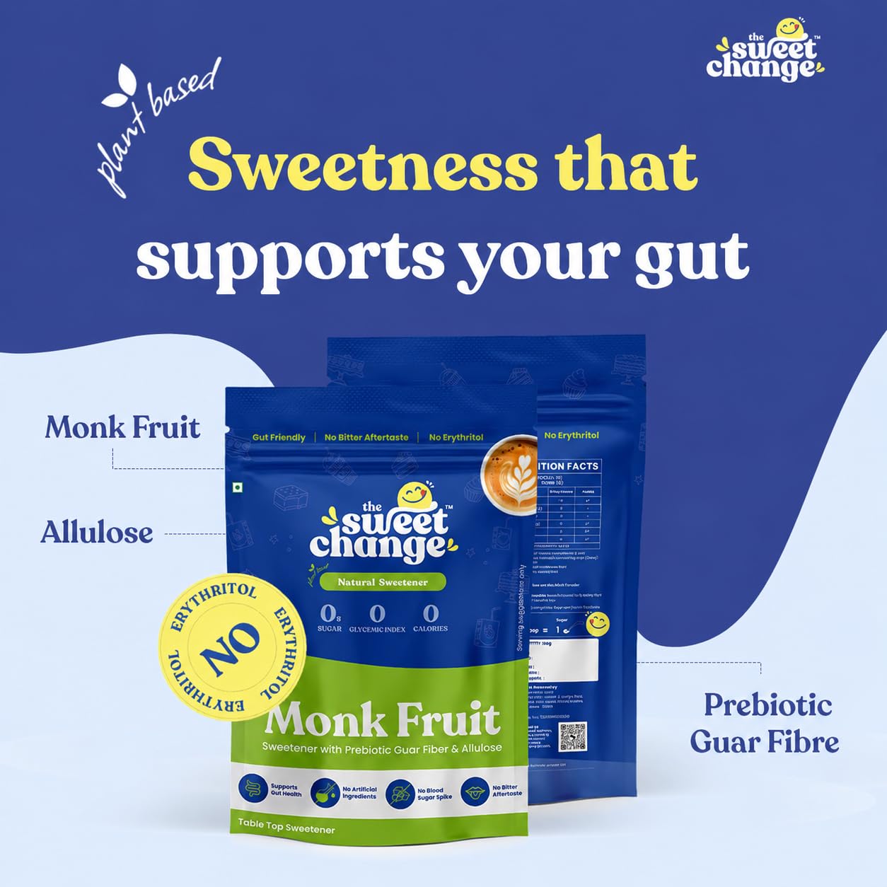 30% Monk Fruit | 4x Sweet | Monk Fruit Sweetener Without Erythritol with Allulose & Prebiotic Guar Fibre, Sugar Free Powder, Zero Calorie, Zero Glycemic Index, Suitable for Diabetes PCOS Keto, 100 g Pouch