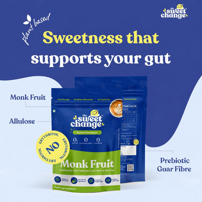 30% Monk Fruit | 4x Sweet | Monk Fruit Sweetener Without Erythritol with Allulose & Prebiotic Guar Fibre, Sugar Free Powder, Zero Calorie, Zero Glycemic Index, Suitable for Diabetes PCOS Keto, 100 g Pouch