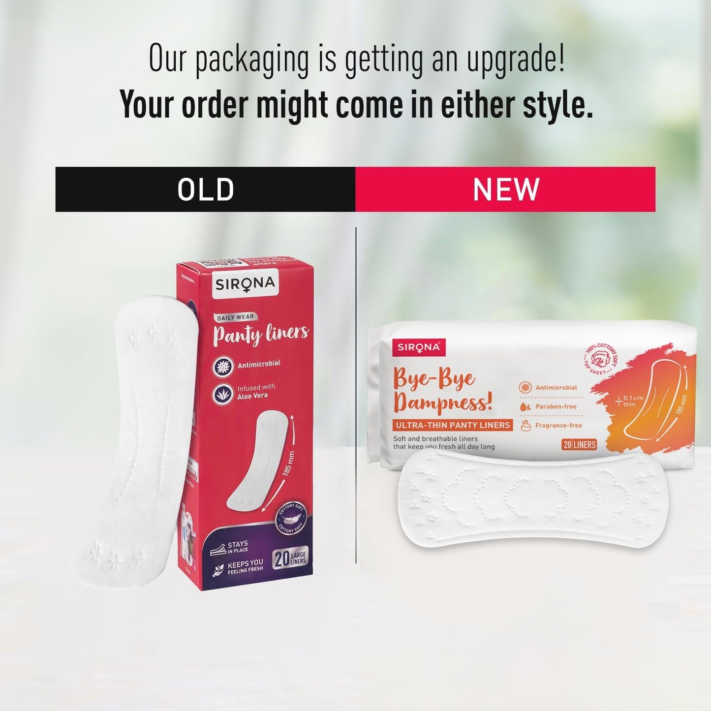 Comparison of Sirona panty liner packaging, old and new styles, on a white background.