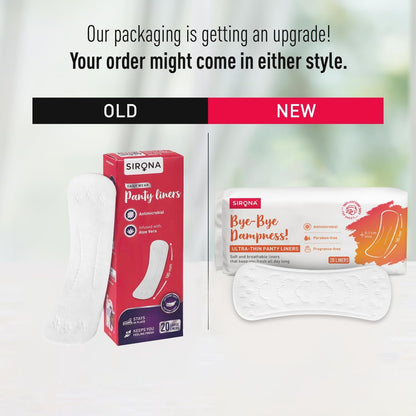 Comparison of Sirona panty liner packaging, old and new styles, on a white background.