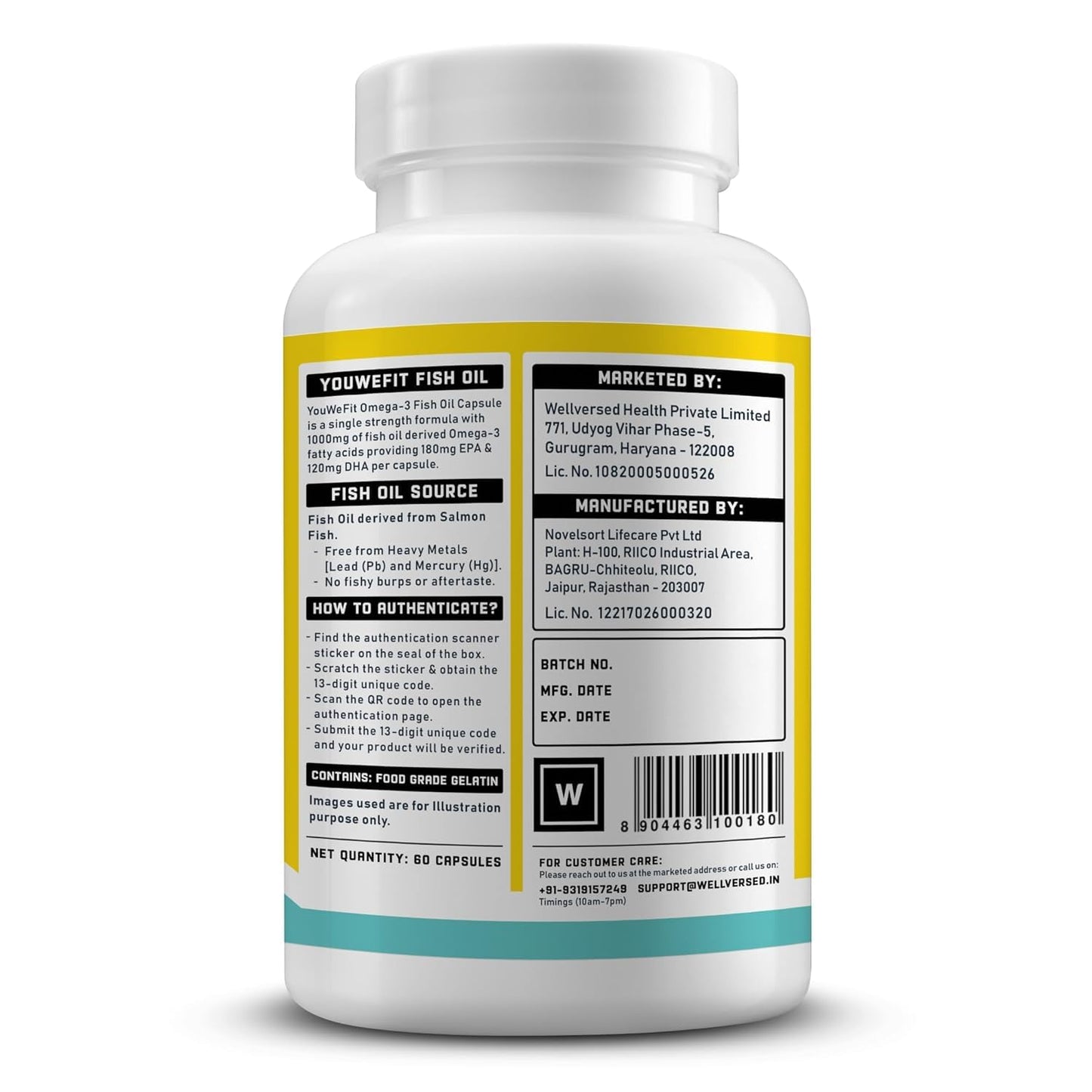 YouWeFit Daily Strength Omega 3 Fish Oil Capsules - 60 Soft Gels With 180mg EPA & 120mg DHA To Supports Heart & Joint Health | Omega 3 Supplement 1000mg