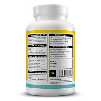 YouWeFit Daily Strength Omega 3 Fish Oil Capsules - 60 Soft Gels With 180mg EPA & 120mg DHA To Supports Heart & Joint Health | Omega 3 Supplement 1000mg