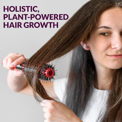 Woman brushing her hair with a red brush, text 'Holistic, Plant-Powered Hair Growth' above.