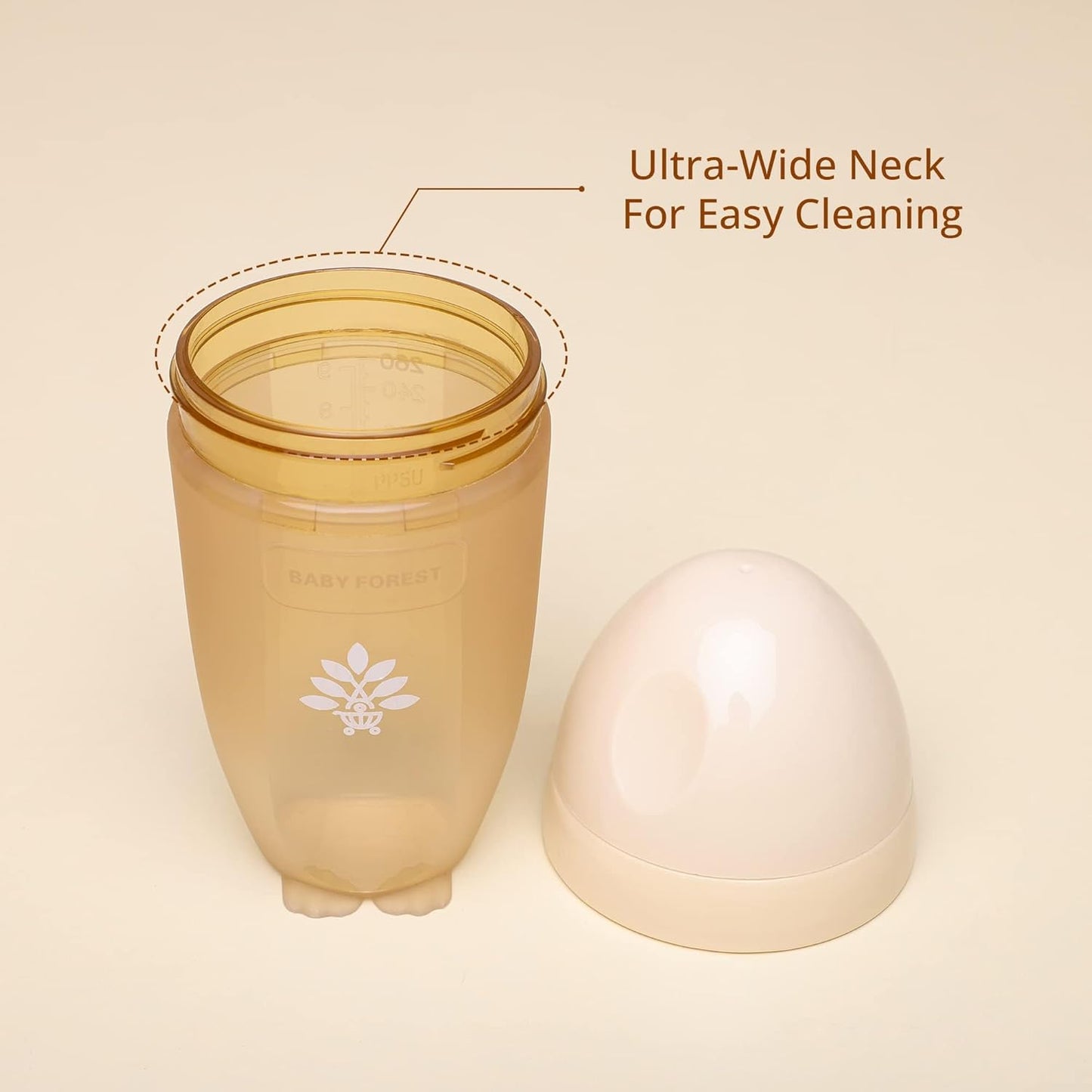 BPA-free baby bottle with ultra-wide neck for easy cleaning on a beige background