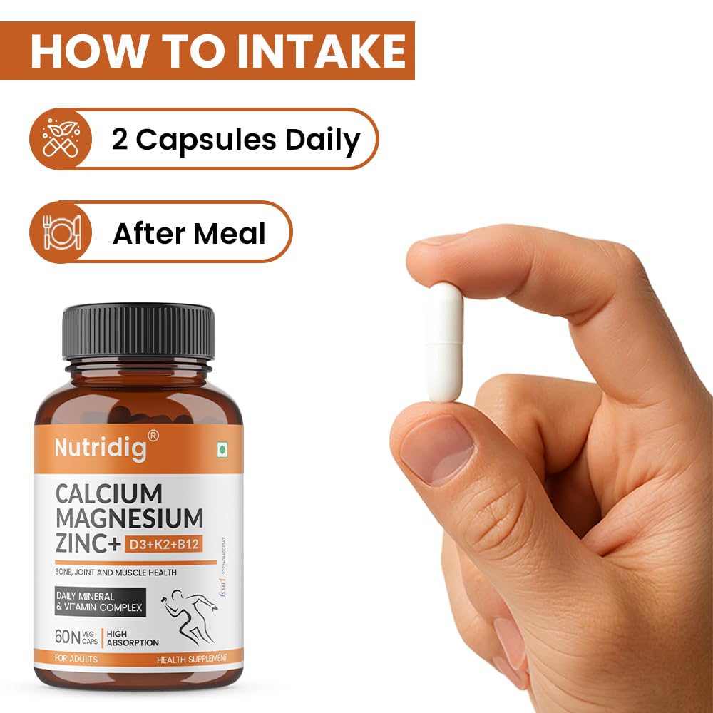 Nutridig Veg Calcium Magnesium Zinc Supplement with Vitamin D3, K2 MK7 & B12 | Daily Bone, Muscle & Mineral Nutrition for Men & Women - 60 Capsules