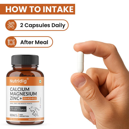 Nutridig Veg Calcium Magnesium Zinc Supplement with Vitamin D3, K2 MK7 & B12 | Daily Bone, Muscle & Mineral Nutrition for Men & Women - 60 Capsules
